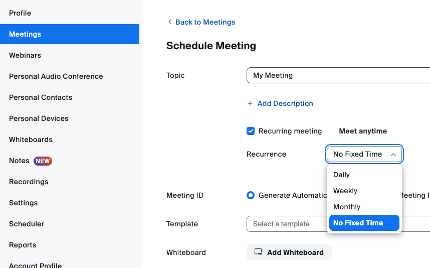 to schedule a 'meet any time' meeting