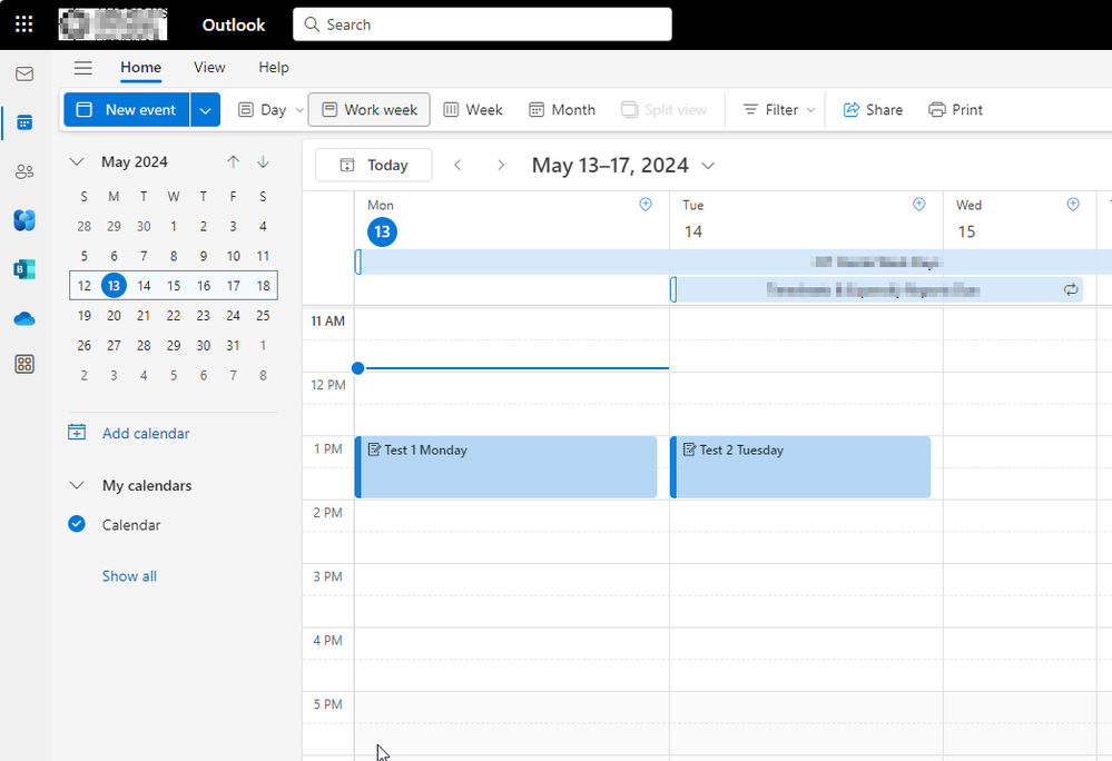 OWA calendar shows meetings today and tomorrow